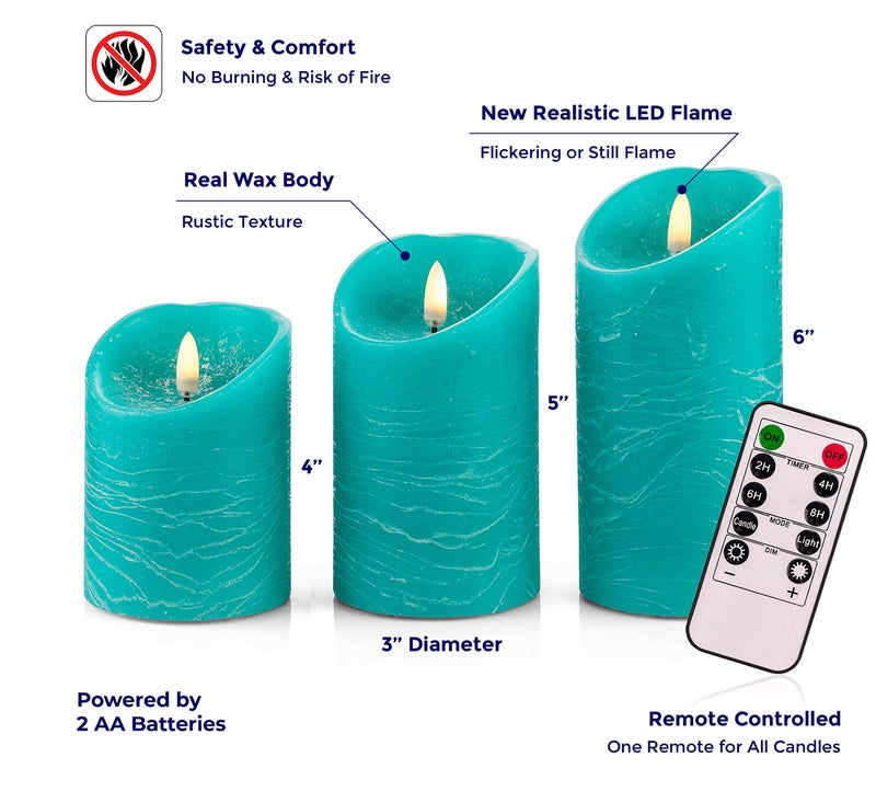 VENTA Turquoise Real Wax Flameless Candles, Set of 3 | Realistic Teal LED Pillar Candles with Remote & Timer | Perfect for Coastal, Beach House & Nautical Decor - Image 2